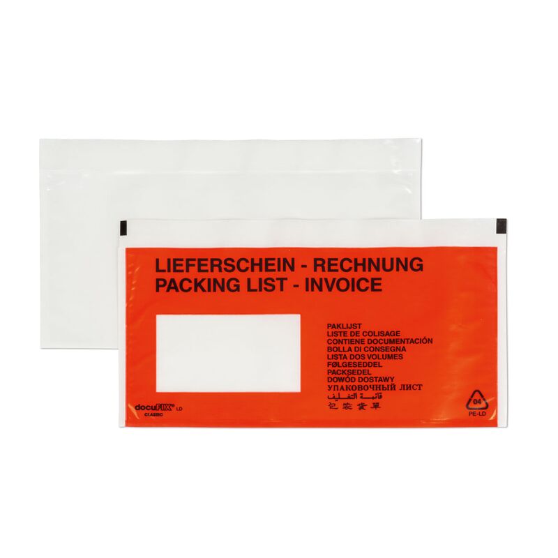250 Lieferscheintaschen - DIN Lang 240x110 + 15mm - Rot bedruckt - mehrsprachig