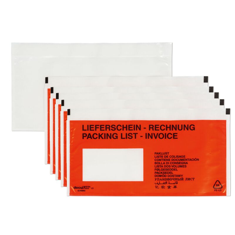 1000 Lieferscheintaschen - DIN Lang 240x110 + 15mm - Rot bedruckt - mehrsprachig