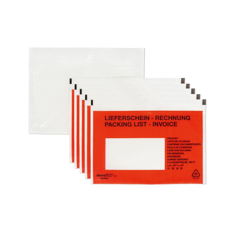 1000 Lieferscheintaschen - DIN C6 175x110 + 25mm - Rot bedruckt - mehrsprachig
