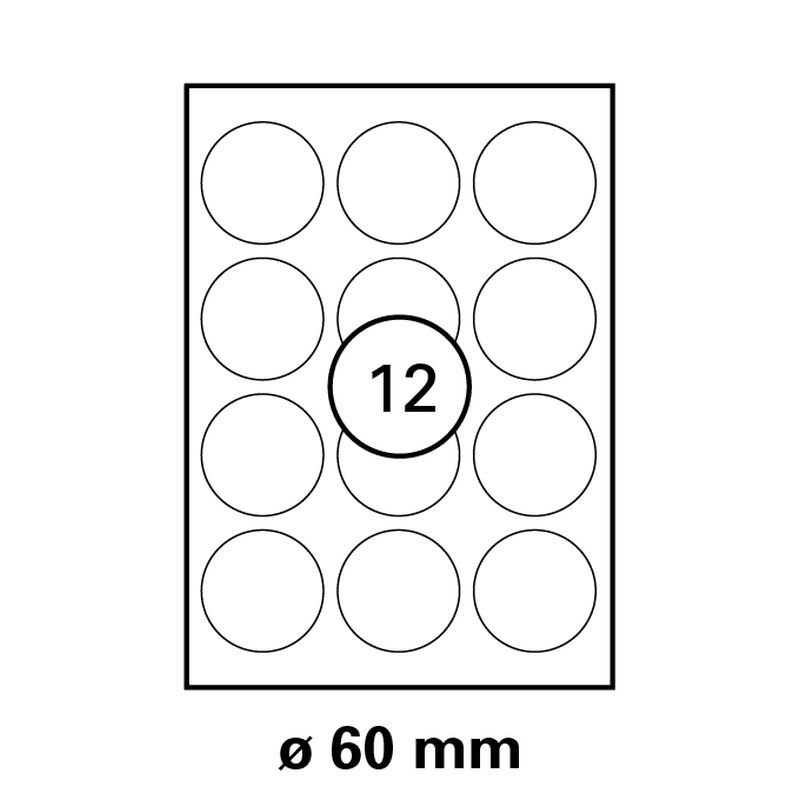 60 mm   LUMA Universal Qualitäts-Etiketten Rund  DIN A4 ( 12 Stück pro Bogen)